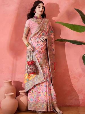 Pink ethnic motifs embroidered pashmina heavy work paithani saree 1