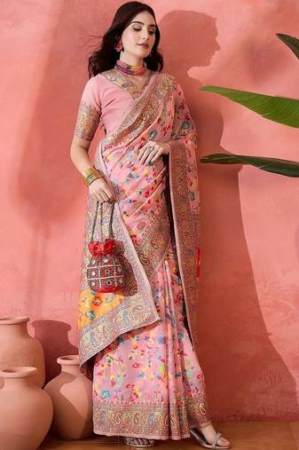 Pink ethnic motifs embroidered pashmina heavy work paithani saree
