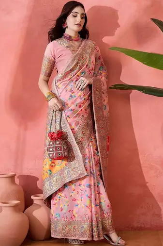 Pink ethnic motifs embroidered pashmina heavy work paithani saree