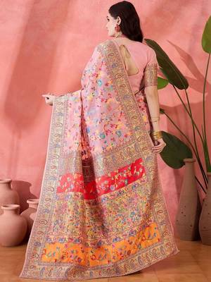 Pink ethnic motifs embroidered pashmina heavy work paithani saree 2