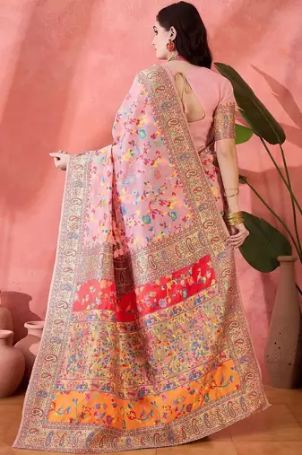 Pink ethnic motifs embroidered pashmina heavy work paithani saree