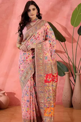 Pink ethnic motifs embroidered pashmina heavy work paithani saree