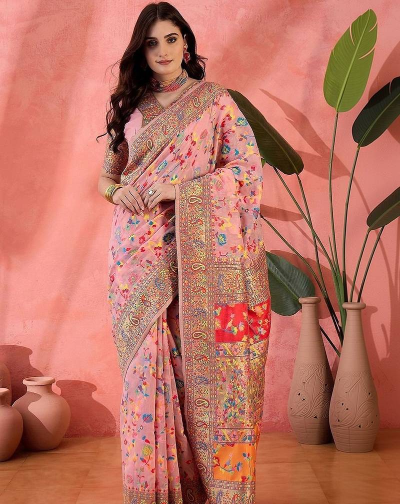 Pink ethnic motifs embroidered pashmina heavy work paithani saree