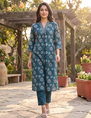 Women's blue rayon floral printed kurta and trouser set | trendy ethnic wear for women | stylish casual & festive outfit 1
