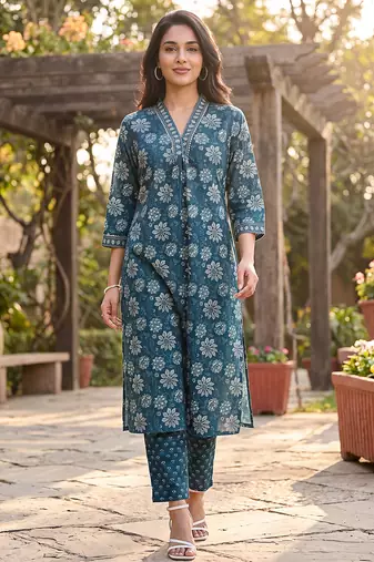 Women's blue rayon floral printed kurta and trouser set | trendy ethnic wear for women | stylish casual & festive outfit
