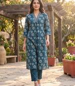 Women's blue rayon floral printed kurta and trouser set | trendy ethnic wear for women | stylish casual & festive outfit