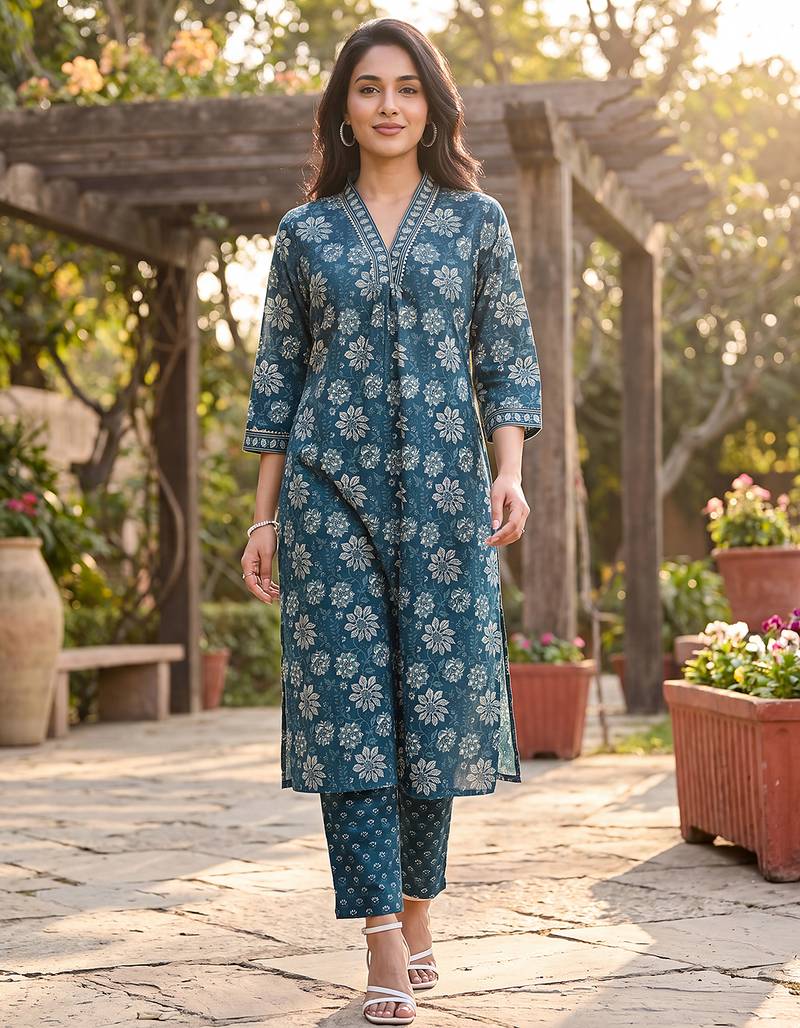 Women's blue rayon floral printed kurta and trouser set | trendy ethnic wear for women | stylish casual & festive outfit
