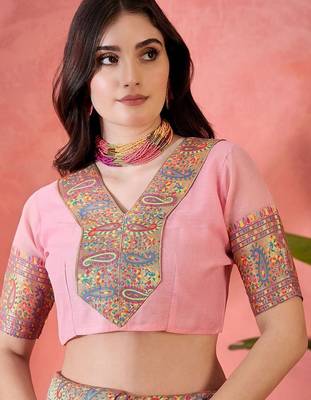 Pink ethnic motifs embroidered pashmina heavy work paithani saree 4