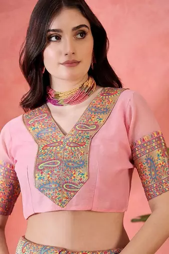 Pink ethnic motifs embroidered pashmina heavy work paithani saree