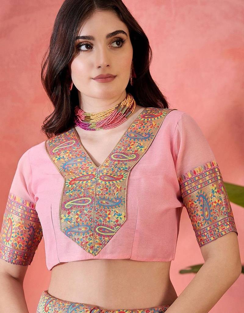 Pink ethnic motifs embroidered pashmina heavy work paithani saree