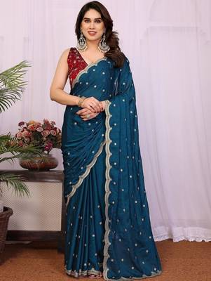 Teal embellished embroidered silk blend heavy work saree 1