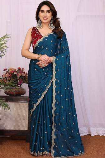 Teal embellished embroidered silk blend heavy work saree