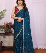 Teal embellished embroidered silk blend heavy work saree