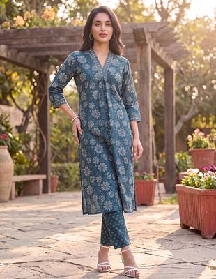 Women's blue rayon floral printed kurta and trouser set | trendy ethnic wear for women | stylish casual & festive outfit 2
