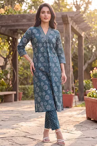 Women's blue rayon floral printed kurta and trouser set | trendy ethnic wear for women | stylish casual & festive outfit