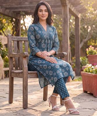 Women's blue rayon floral printed kurta and trouser set | trendy ethnic wear for women | stylish casual & festive outfit 3