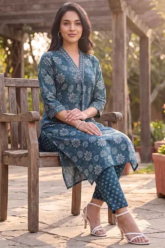 Women's blue rayon floral printed kurta and trouser set | trendy ethnic wear for women | stylish casual & festive outfit