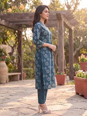 Women's blue rayon floral printed kurta and trouser set | trendy ethnic wear for women | stylish casual & festive outfit 4
