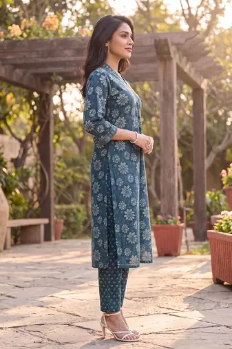 Women's blue rayon floral printed kurta and trouser set | trendy ethnic wear for women | stylish casual & festive outfit