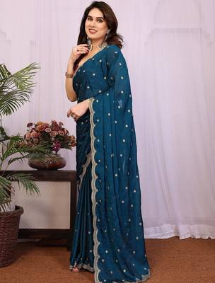 Teal embellished embroidered silk blend heavy work saree 2