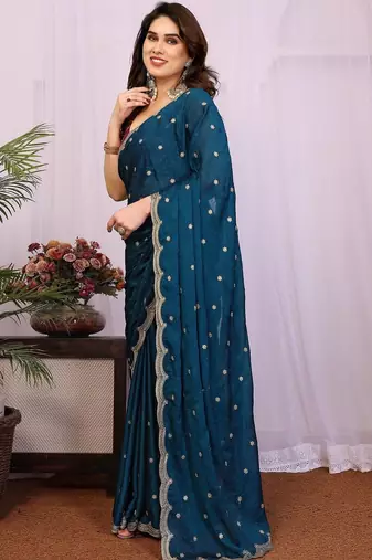 Teal embellished embroidered silk blend heavy work saree