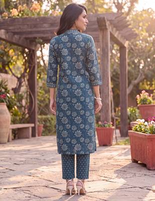 Women's blue rayon floral printed kurta and trouser set | trendy ethnic wear for women | stylish casual & festive outfit 5
