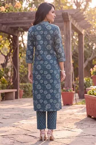 Women's blue rayon floral printed kurta and trouser set | trendy ethnic wear for women | stylish casual & festive outfit