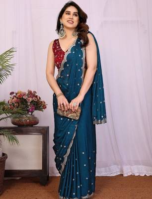 Teal embellished embroidered silk blend heavy work saree 3