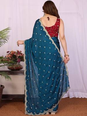 Teal embellished embroidered silk blend heavy work saree 4