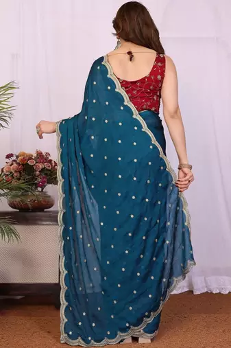 Teal embellished embroidered silk blend heavy work saree