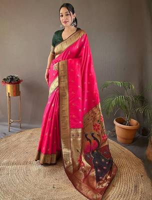 Pink ethnic motifs woven design paithani saree with unstitched blouse piece 1