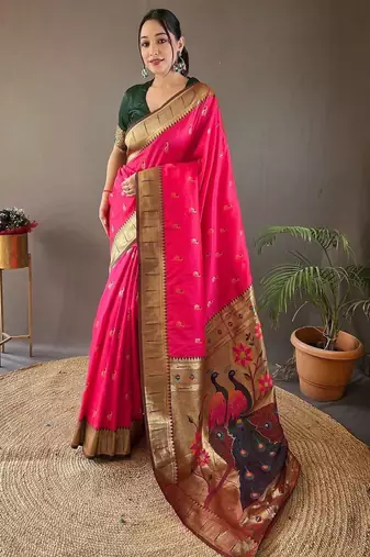 Pink ethnic motifs woven design paithani saree with unstitched blouse piece