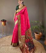 Pink ethnic motifs woven design paithani saree with unstitched blouse piece