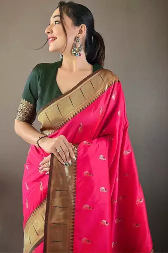 Pink ethnic motifs woven design paithani saree with unstitched blouse piece