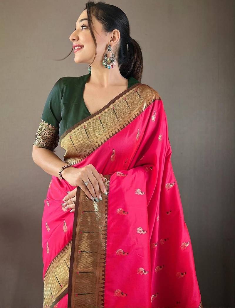 Pink ethnic motifs woven design paithani saree with unstitched blouse piece