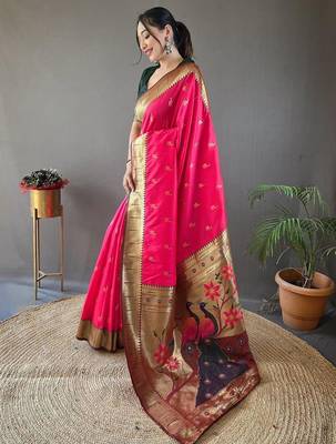 Pink ethnic motifs woven design paithani saree with unstitched blouse piece 3