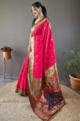 Pink ethnic motifs woven design paithani saree with unstitched blouse piece