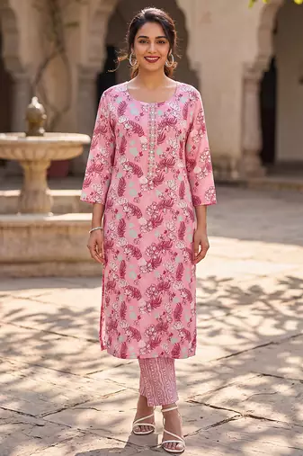Women's pink rayon floral printed kurta and trouser set | trendy ethnic wear for women | stylish casual & festive outfit