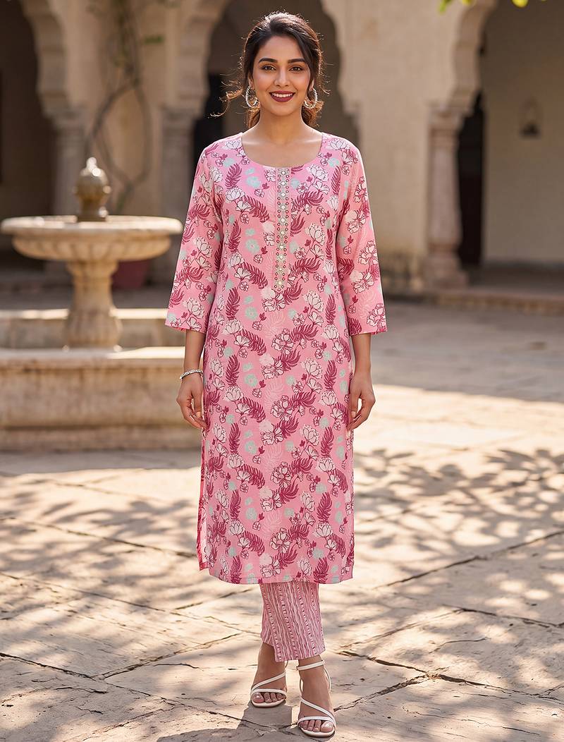 Women's pink rayon floral printed kurta and trouser set | trendy ethnic wear for women | stylish casual & festive outfit