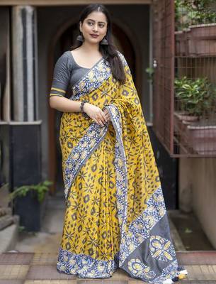 Yellow batik printed zari chanderi saree 1