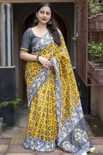 Yellow batik printed zari chanderi saree