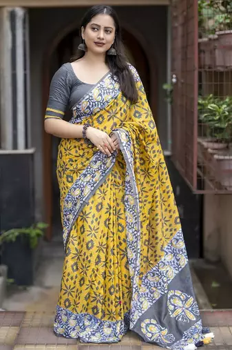 Yellow batik printed zari chanderi saree