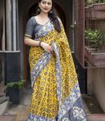 Yellow batik printed zari chanderi saree