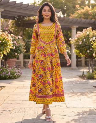 Women's yellow cotton blend floral printed kurta | elegant ethnic wear kurti | trendy casual & festive wear for women 1