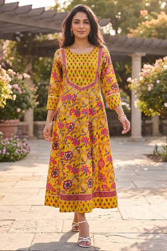 Women's yellow cotton blend floral printed kurta | elegant ethnic wear kurti | trendy casual & festive wear for women