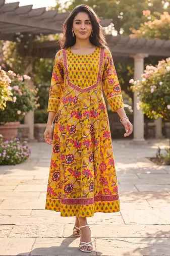 Women's yellow cotton blend floral printed kurta | elegant ethnic wear kurti | trendy casual & festive wear for women