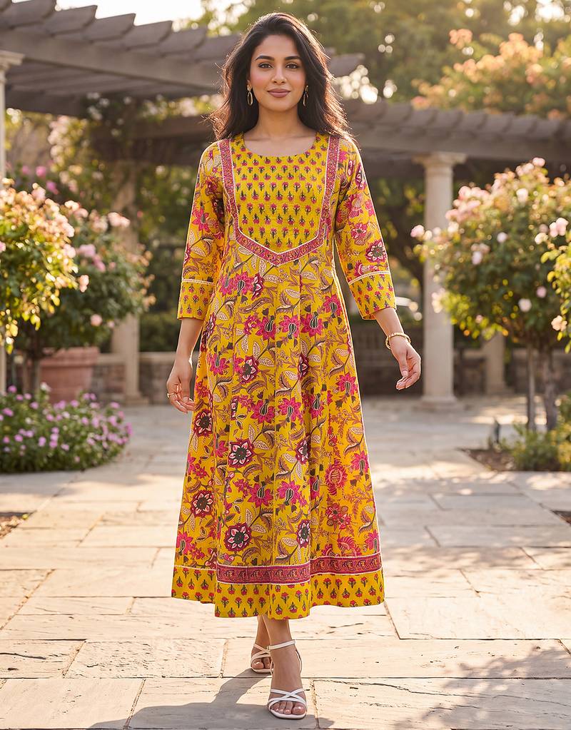 Women's yellow cotton blend floral printed kurta | elegant ethnic wear kurti | trendy casual & festive wear for women
