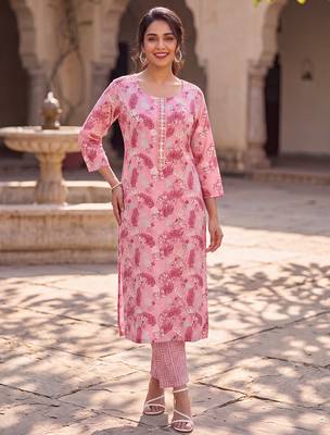 Women's pink rayon floral printed kurta and trouser set | trendy ethnic wear for women | stylish casual & festive outfit 2