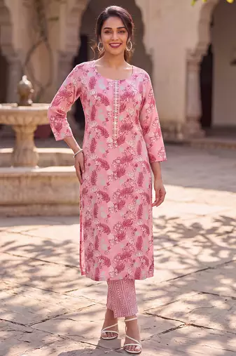 Women's pink rayon floral printed kurta and trouser set | trendy ethnic wear for women | stylish casual & festive outfit