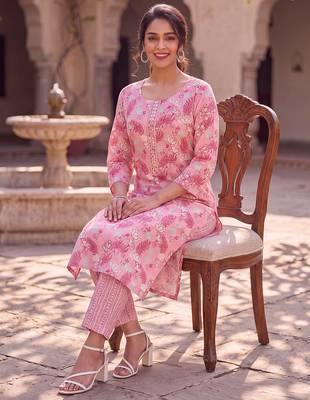 Women's pink rayon floral printed kurta and trouser set | trendy ethnic wear for women | stylish casual & festive outfit 3